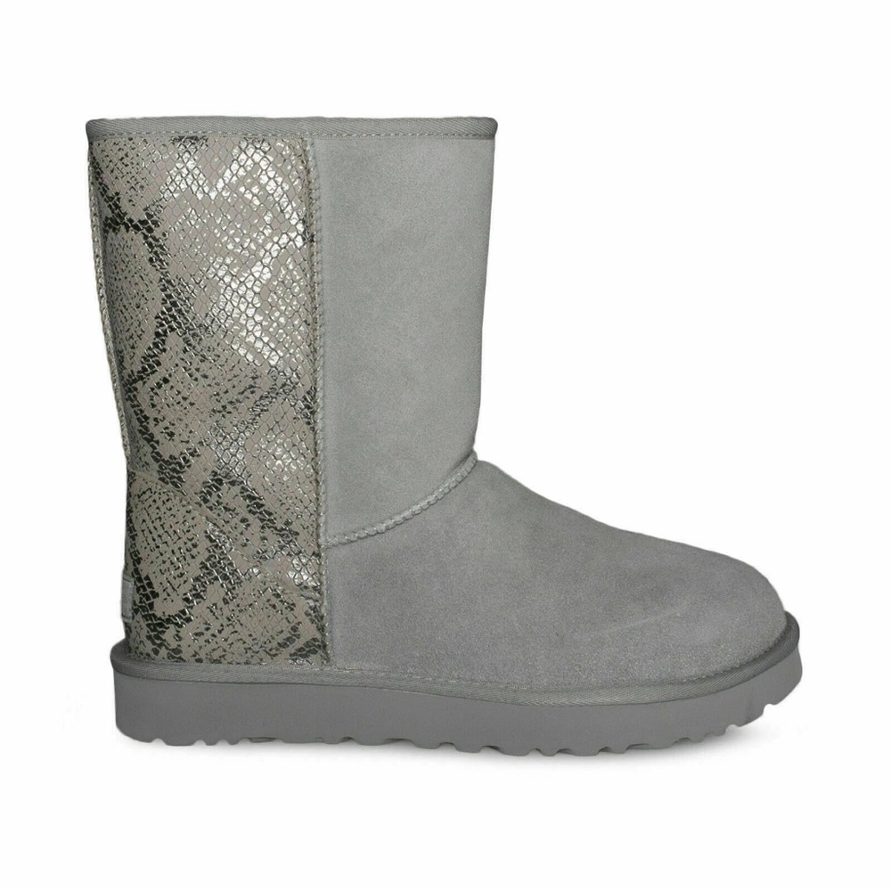 UGG CLASSIC SHORT METALLIC SNAKE SILVER SUEDE SHEEPSKIN WOMEN'S BOOTS